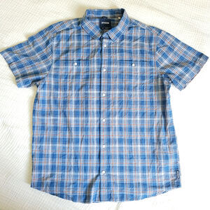 Prana Mens L Blue Plaid 100% Organic Cotton Casual Button-up Shirt Short Sleeve